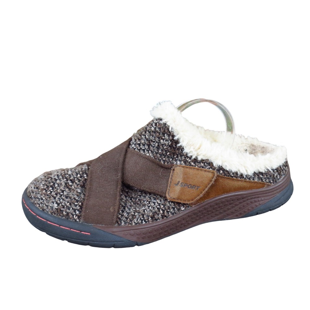 J Sport Graham Women Mules Size 8 Outdoor Indoor Slippers Brown Knit Faux Fur